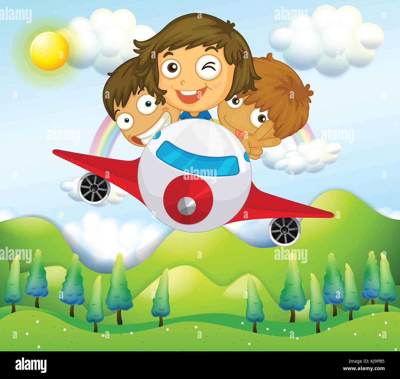 Illustration of an airplane with three playful kids Stock Vector Image ...