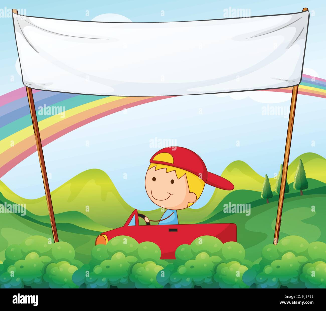 Illustration of a boy riding in his car below an empty signage Stock ...