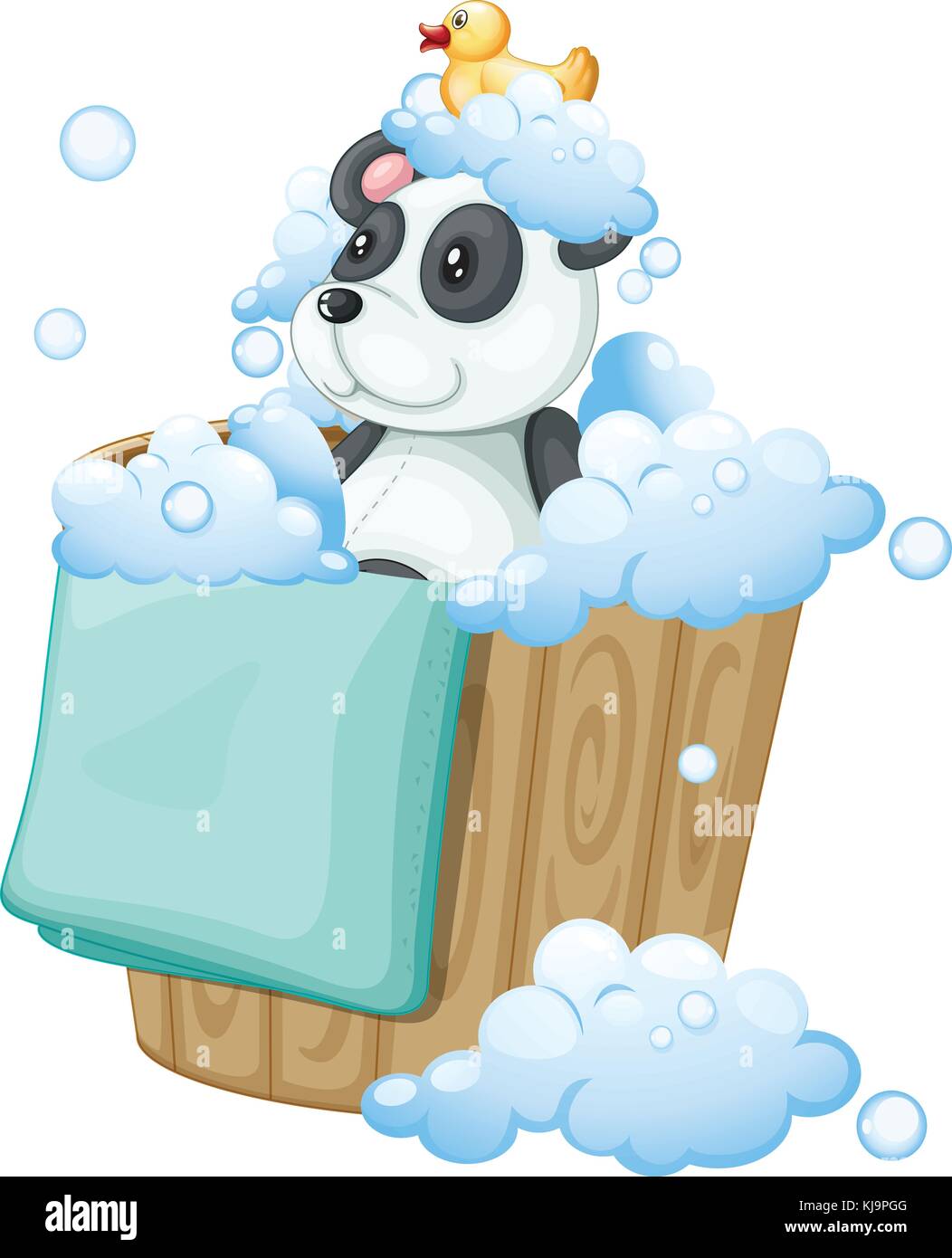 Illustration of a panda toy and a rubber duck inside a pail on a white