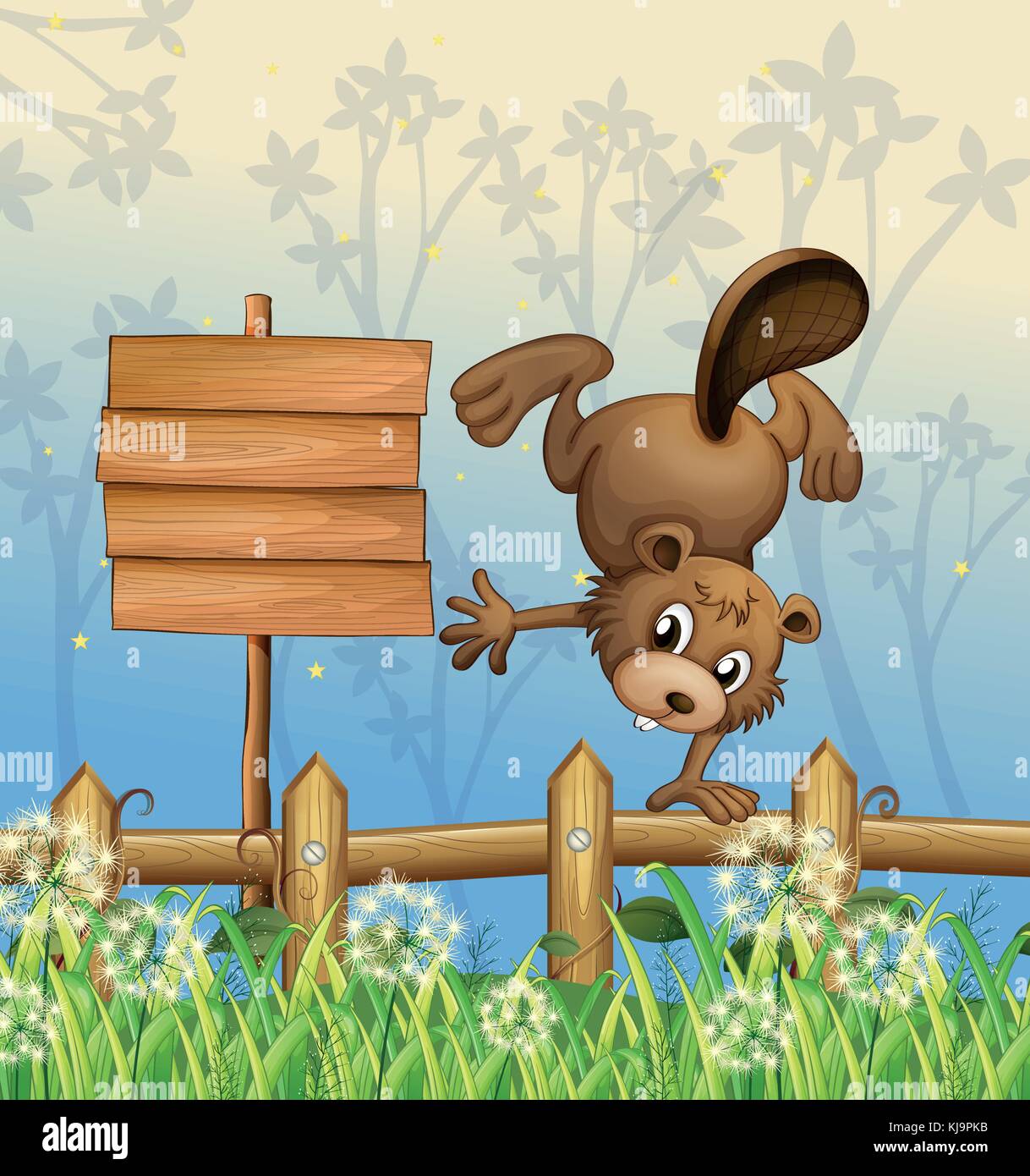 Illustration of a playful beaver beside the empty signboard Stock ...