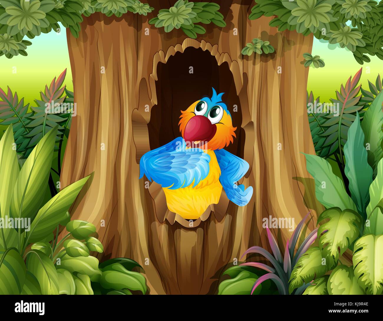 Illustration of a parrot inside a tree hollow Stock Vector