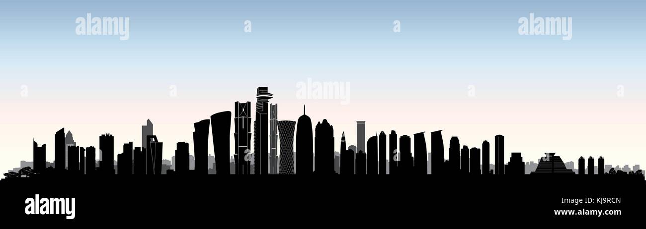 City Doha skyline. Arabic Urban cityscape. Qatar capital skyscraper buildings silhouette Stock Vector