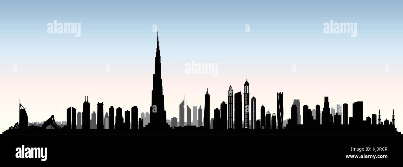 City Dubai skyline. UAE Urban cityscape. United Arab Emirates skyscraper buildings silhouette Stock Vector