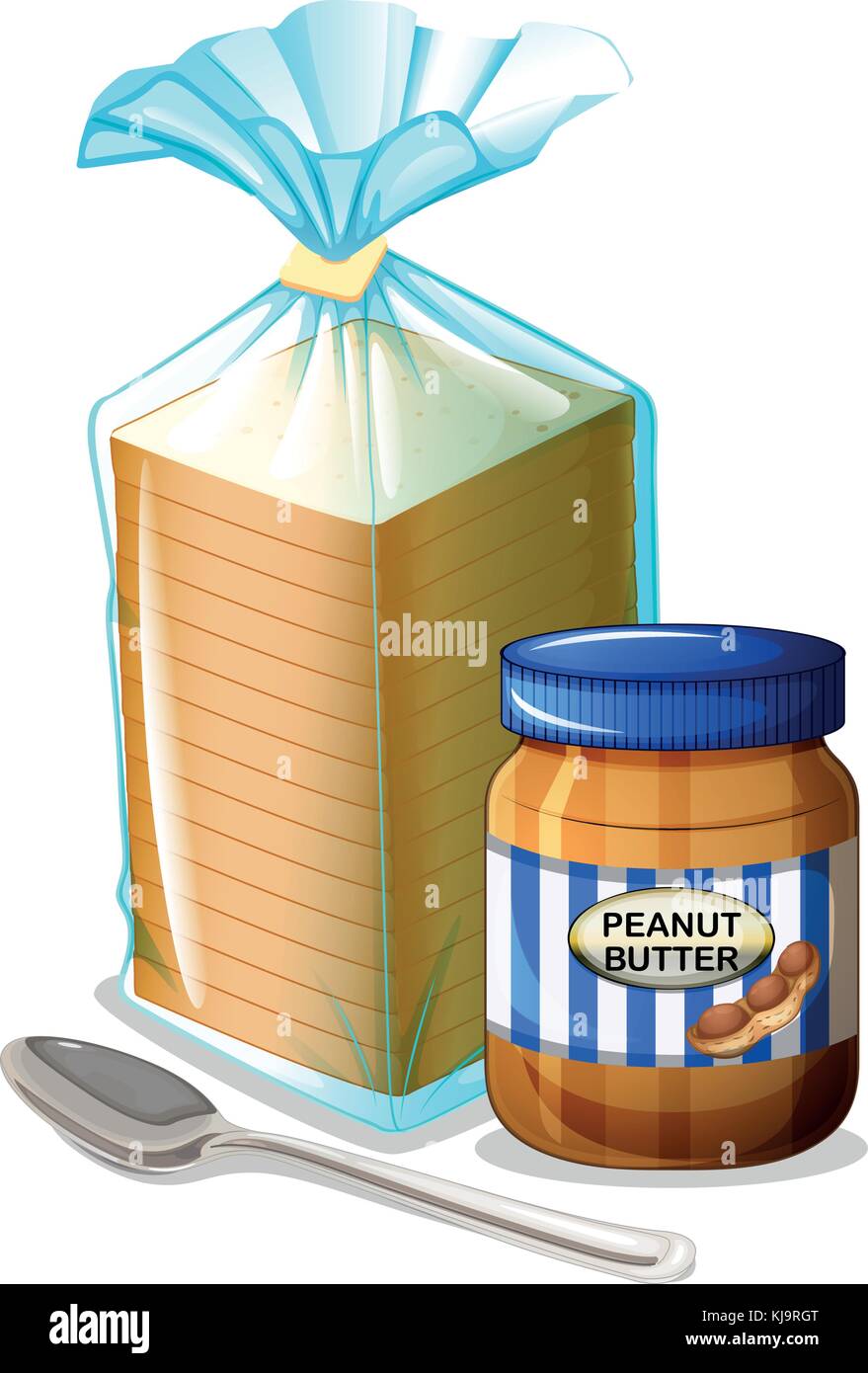 Illustration of a bread with a peanut butter and a spoon on a white background Stock Vector