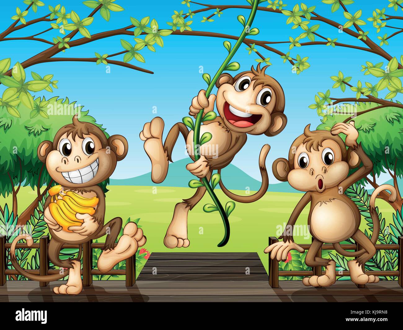 Illustration of monkeys at the wooden bridge Stock Vector