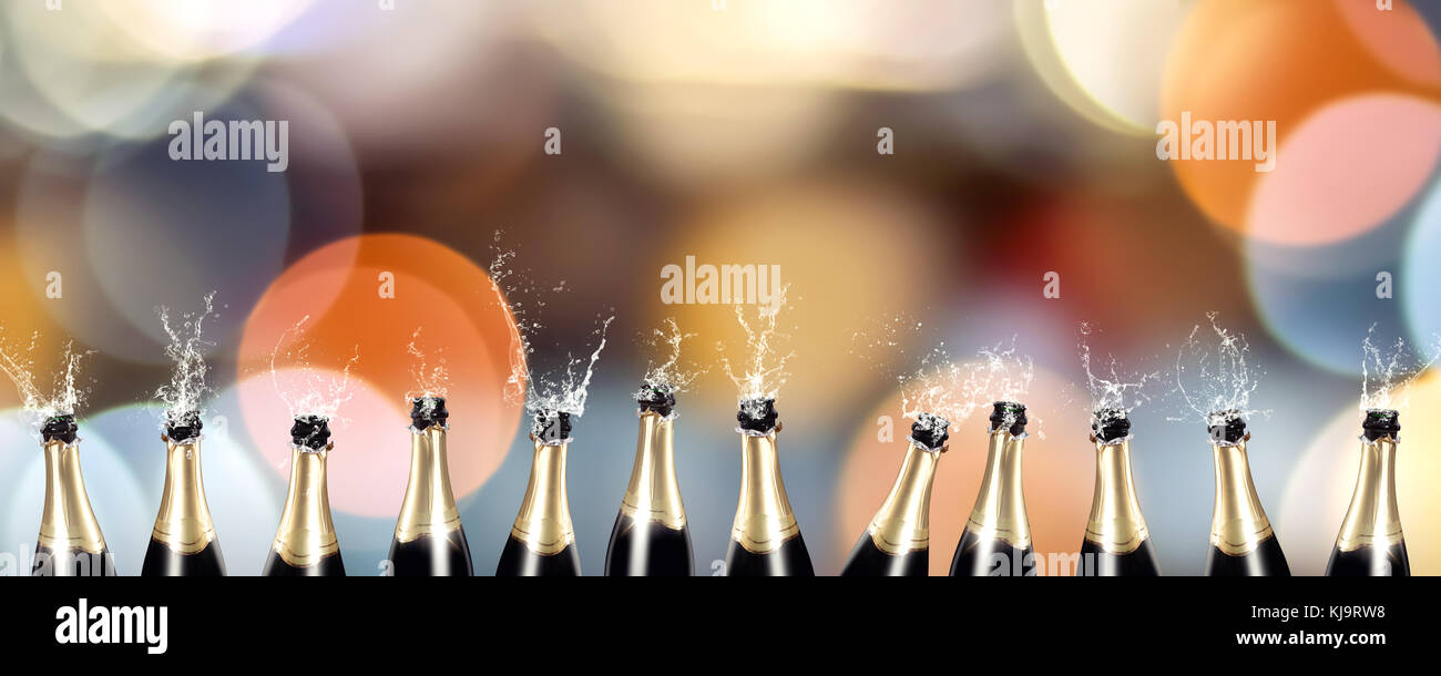 Sparkling wine bottles - colorful panorama Stock Photo