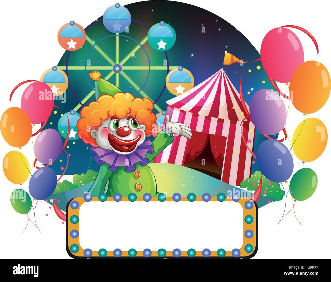 Illustration of an empty signage in front of a funny clown on a white ...