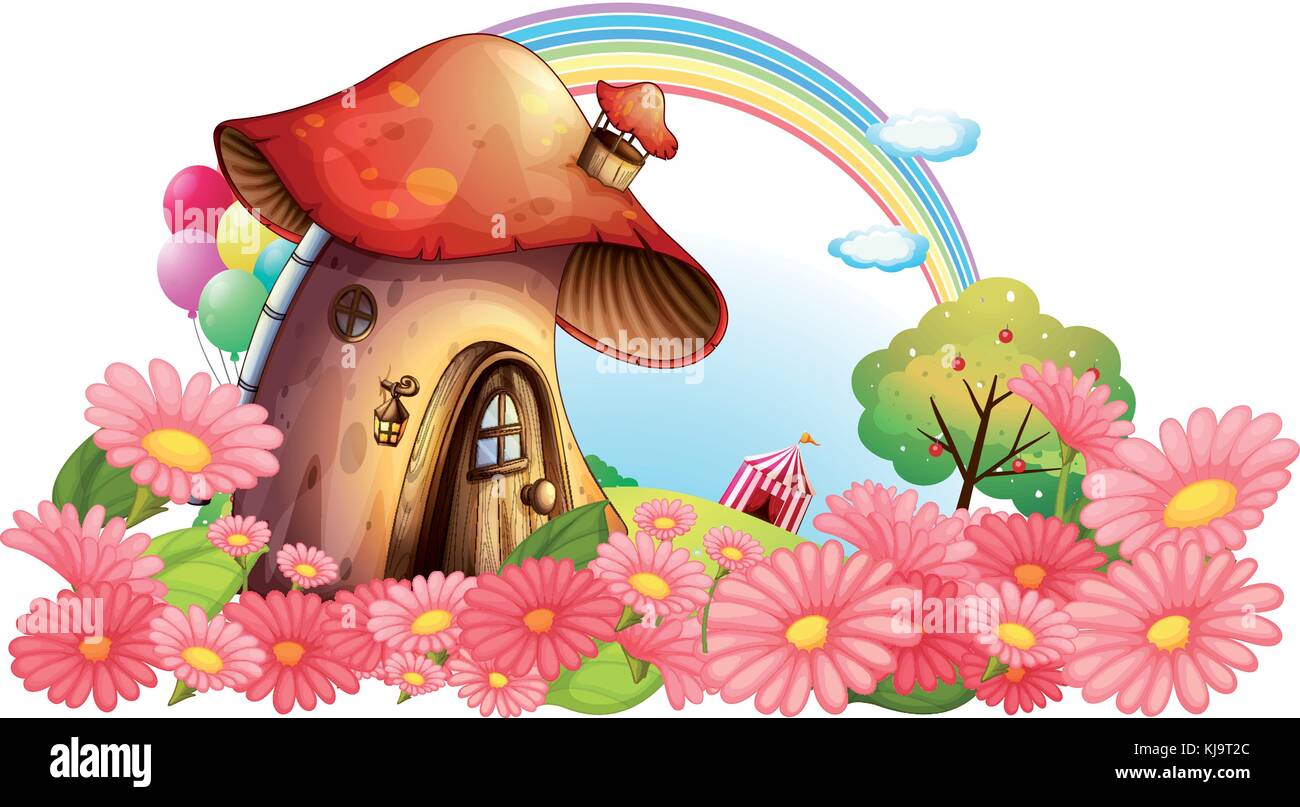 Illustration of a mushroom house with a garden of flowers on a white