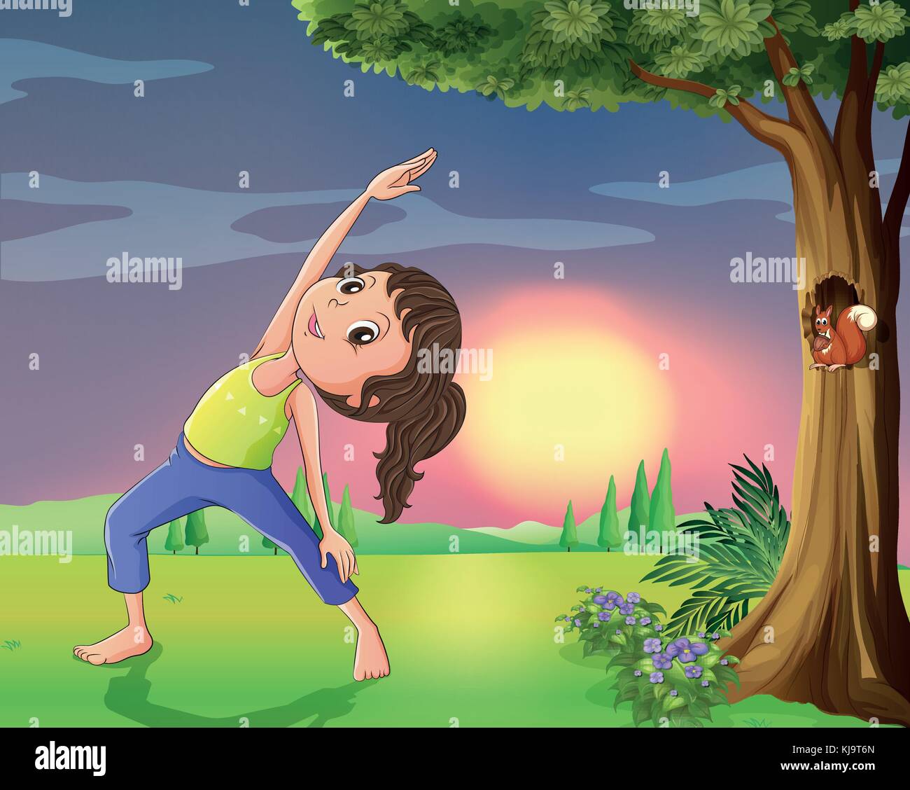 Illustration of a girl exercising near a tree with squirrel Stock Vector