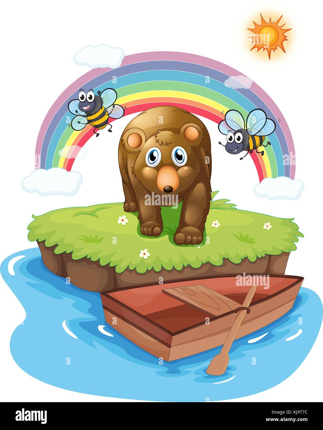 Illustration of an island with a big bear and bees on a white background Stock Vector