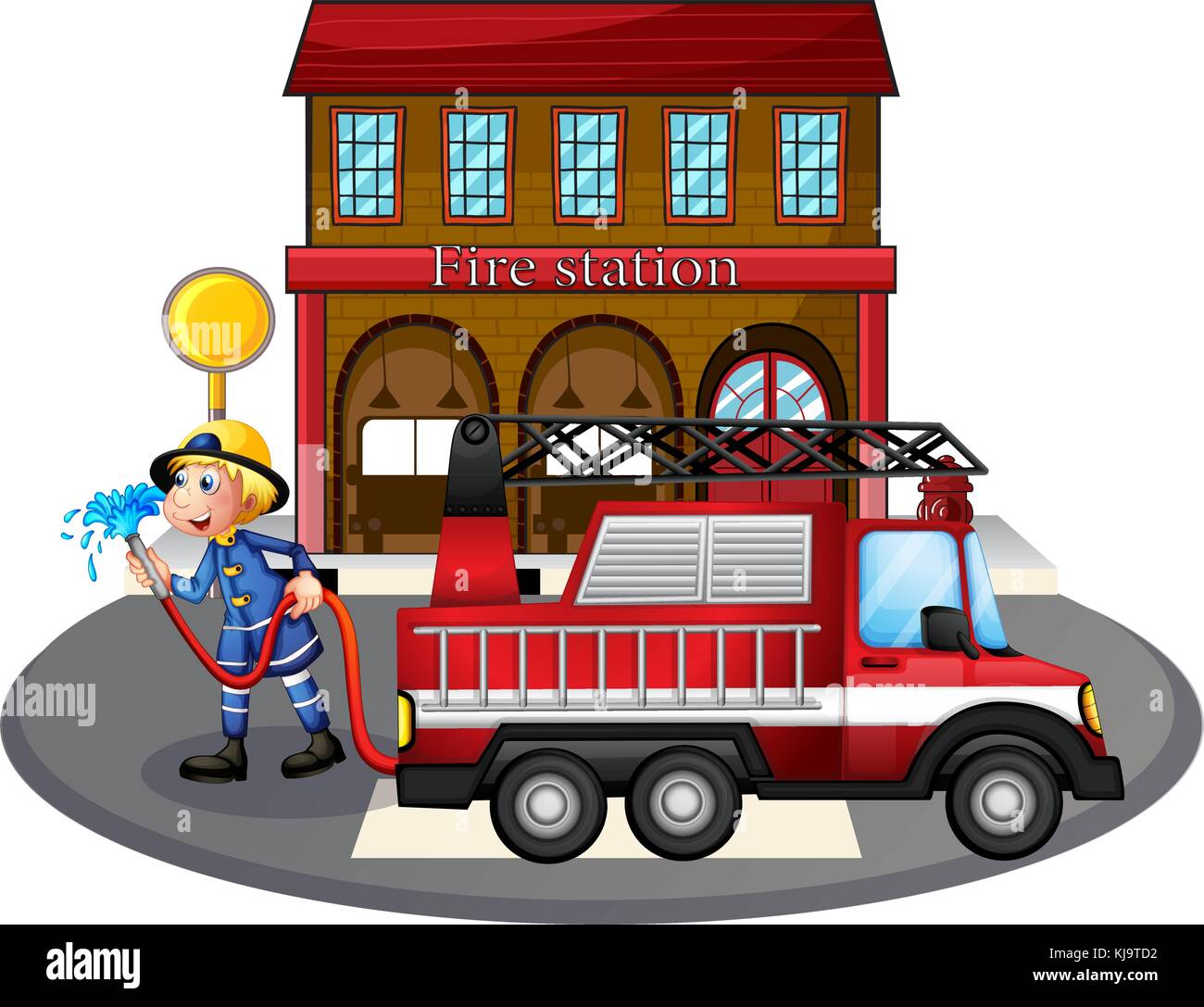 Illustration of a fireman holding a water hose beside a fire truck on a white background Stock Vector