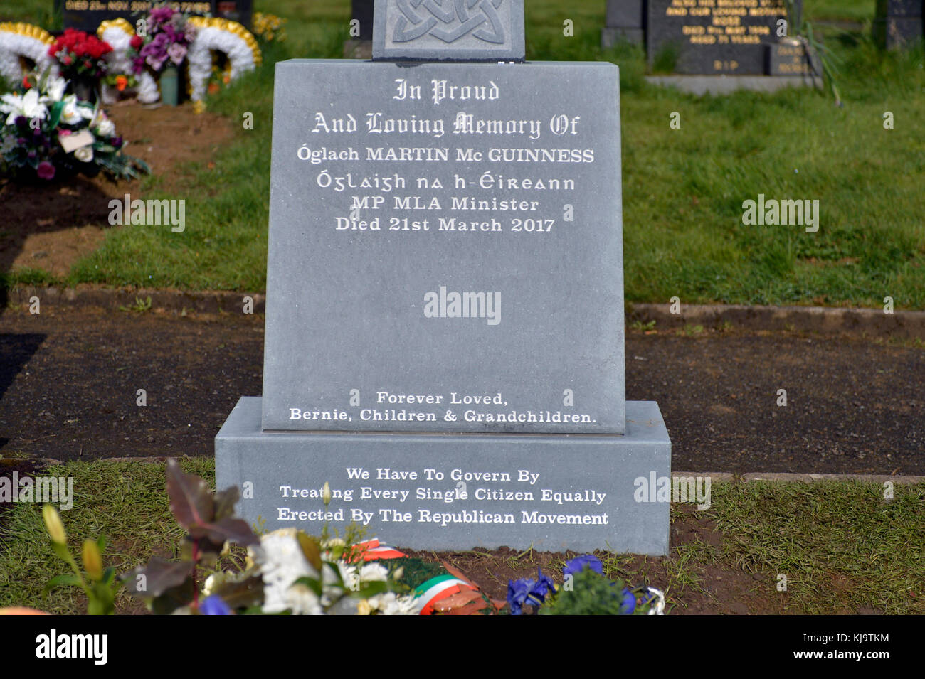 Headstone on grave of Martin McGuinnes at the Republican Plot in the City Cemetery, Derry, Londonderry, Northern Ireland. ©George Sweeney / Alamy Stock Photo