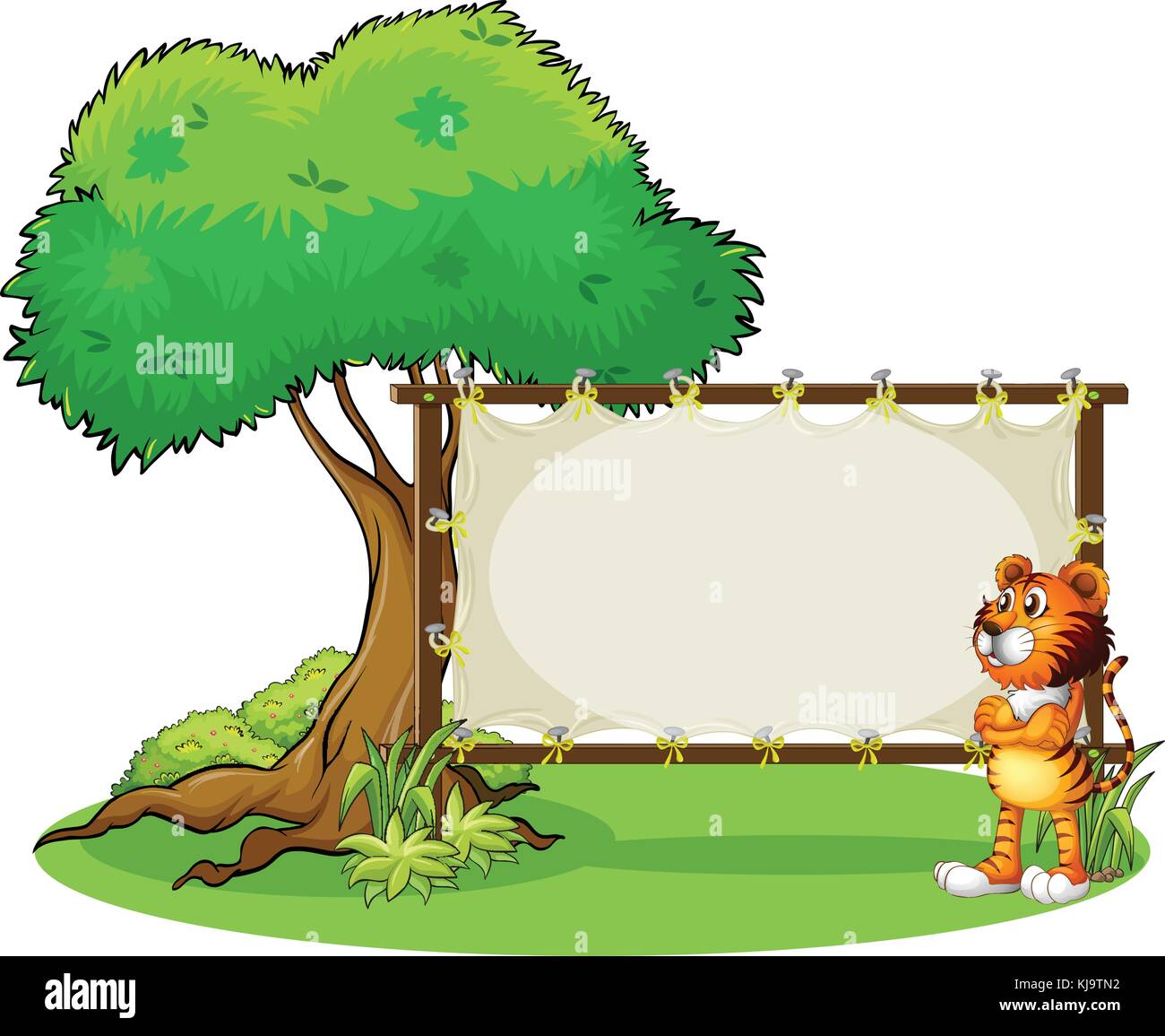 Illustration of a tiger beside the empty framed signboard on a white ...