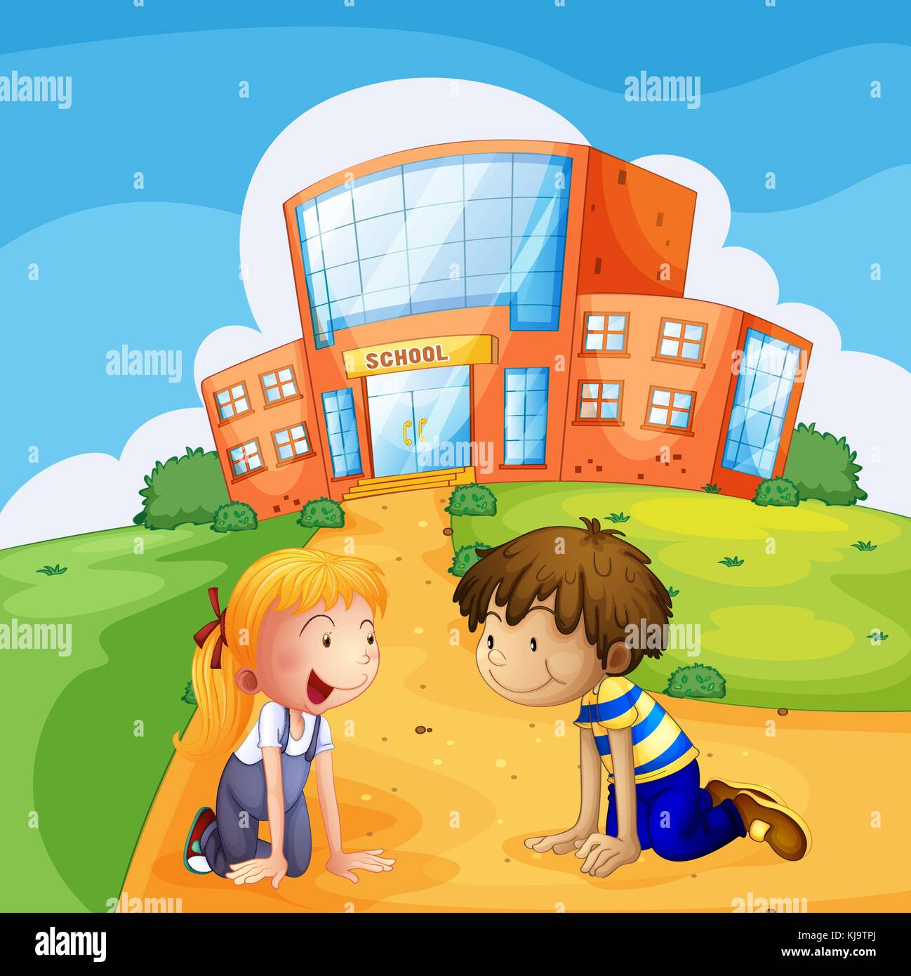 Illustration of two kids in front of the school Stock Vector Image ...