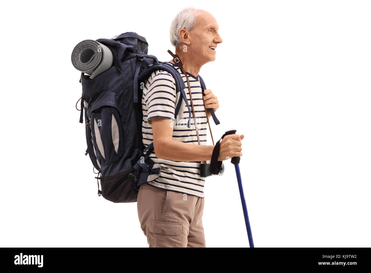 Elderly hiker isolated on white background Stock Photo