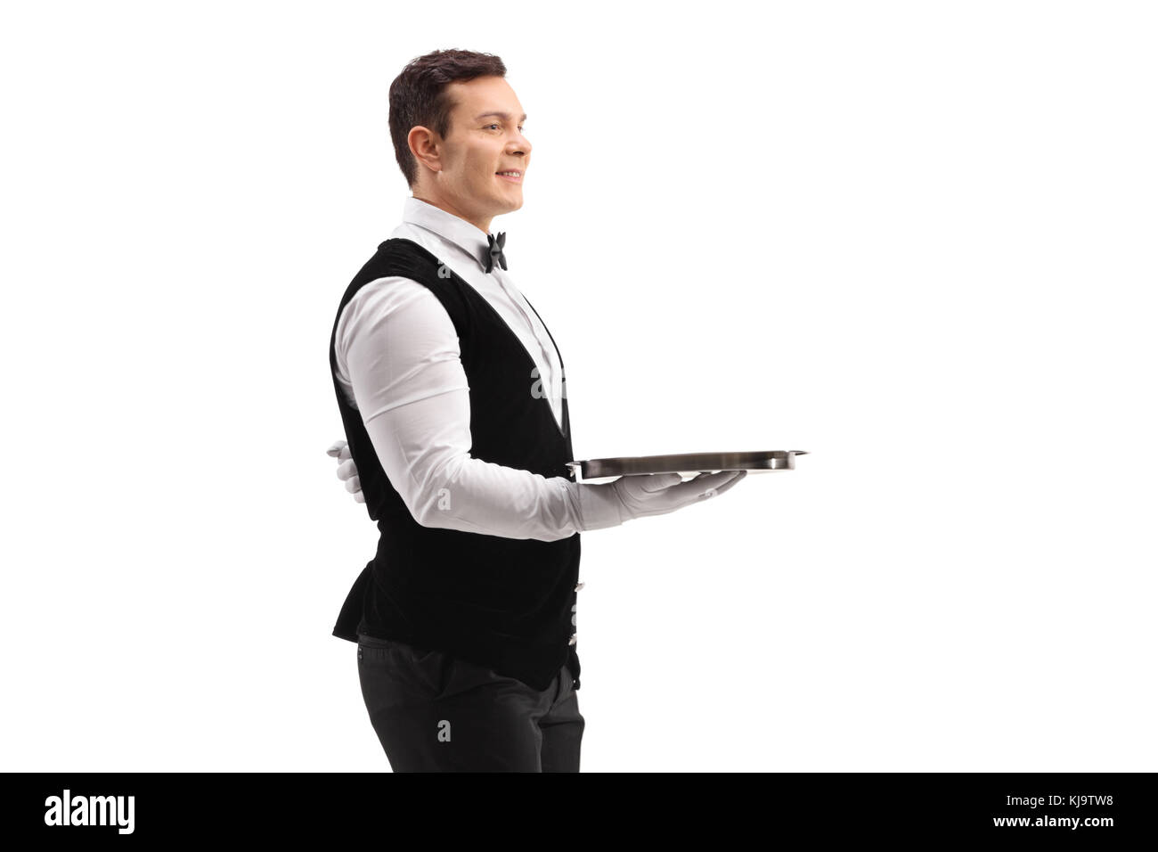 Waiter holding an empty tray isolated on white background Stock Photo