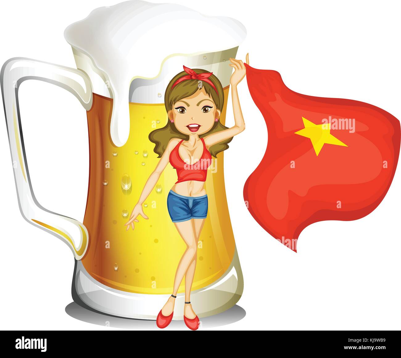 Illustration of a girl holding the flag of Vietnam in front of a big mug of beer on a white background Stock Vector