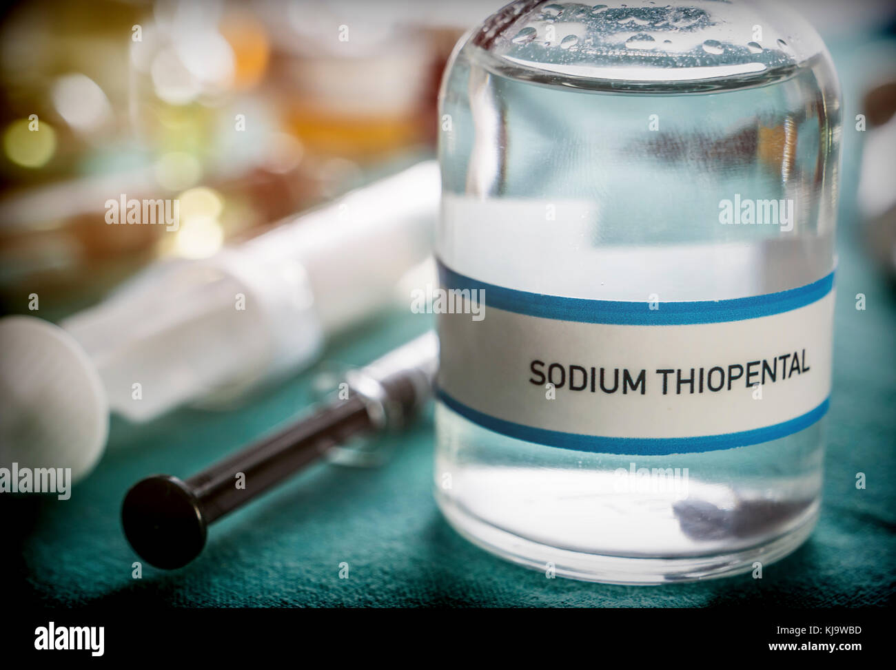 Vial with Sodium Thiopental used for euthanasia and lethal inyecion in a hospital, conceptual image Stock Photo