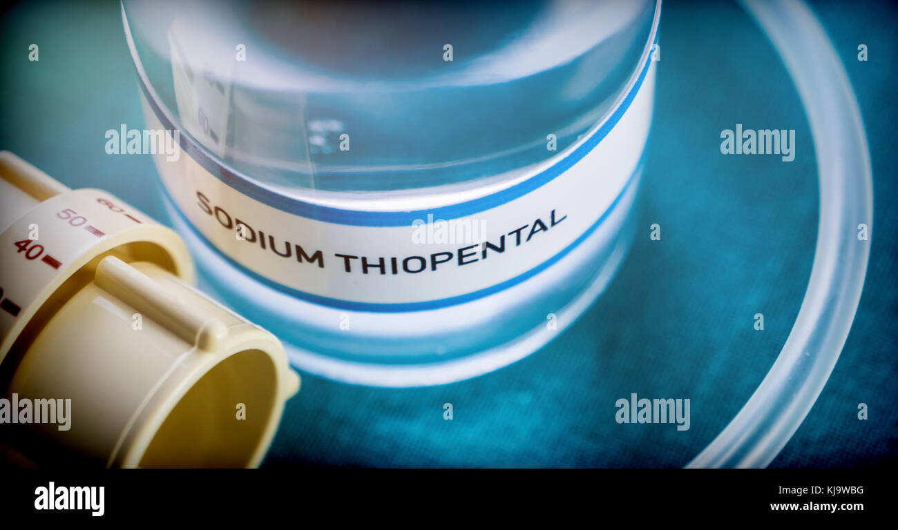 Vial with Sodium Thiopental used for euthanasia and lethal inyecion in a hospital, conceptual image Stock Photo