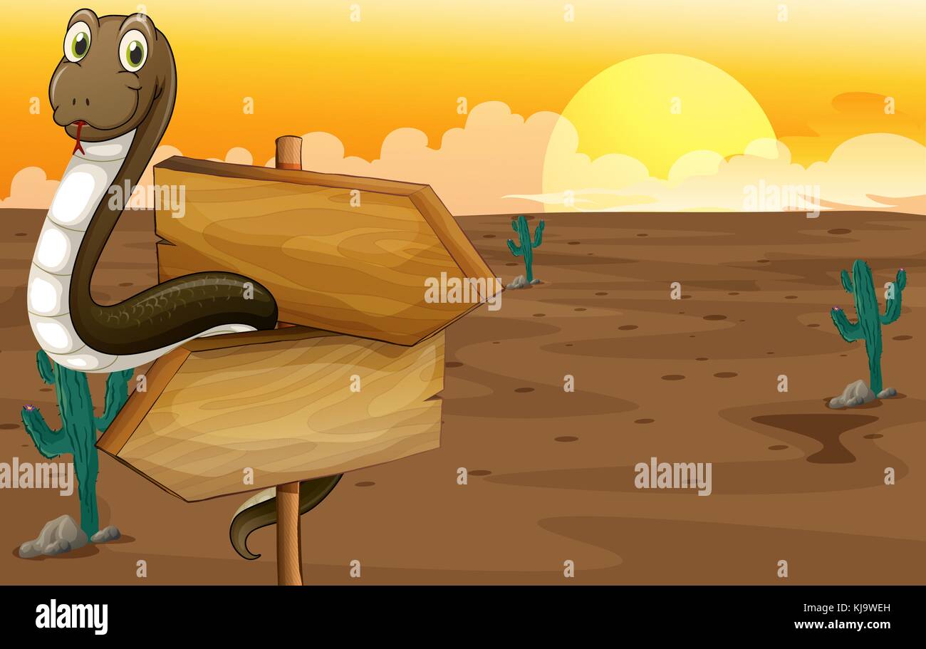 Illustration of a snake in the desert near the signboard Stock Vector