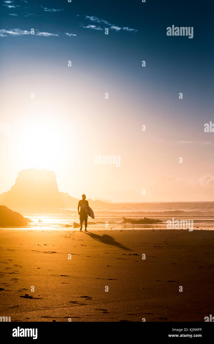 Silhouette of a surfer man at the beach with his surfboard Stock Photo ...