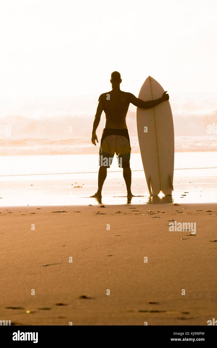 Silhouette of a surfer man at the beach with his surfboard Stock Photo ...