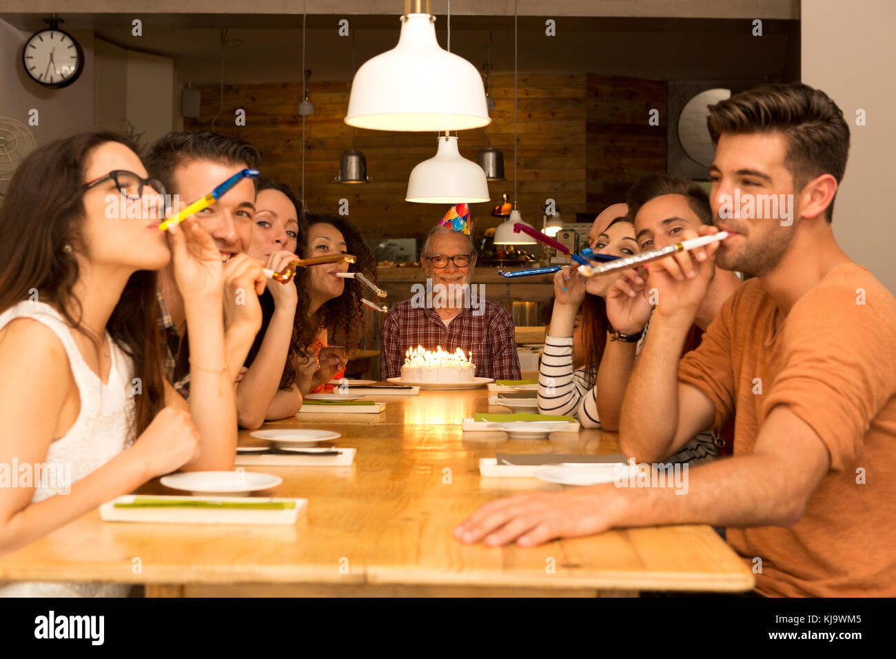 Big family celebrate the birthday of the grandfather Stock Photo