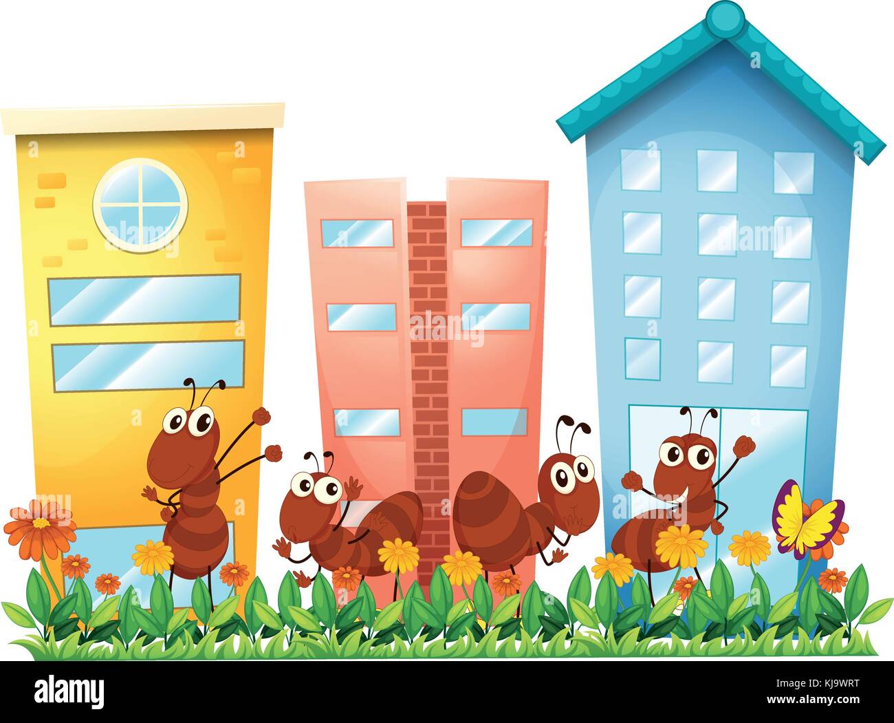 Illustration of the ants at the garden in front of the high buildings on a white background Stock Vector