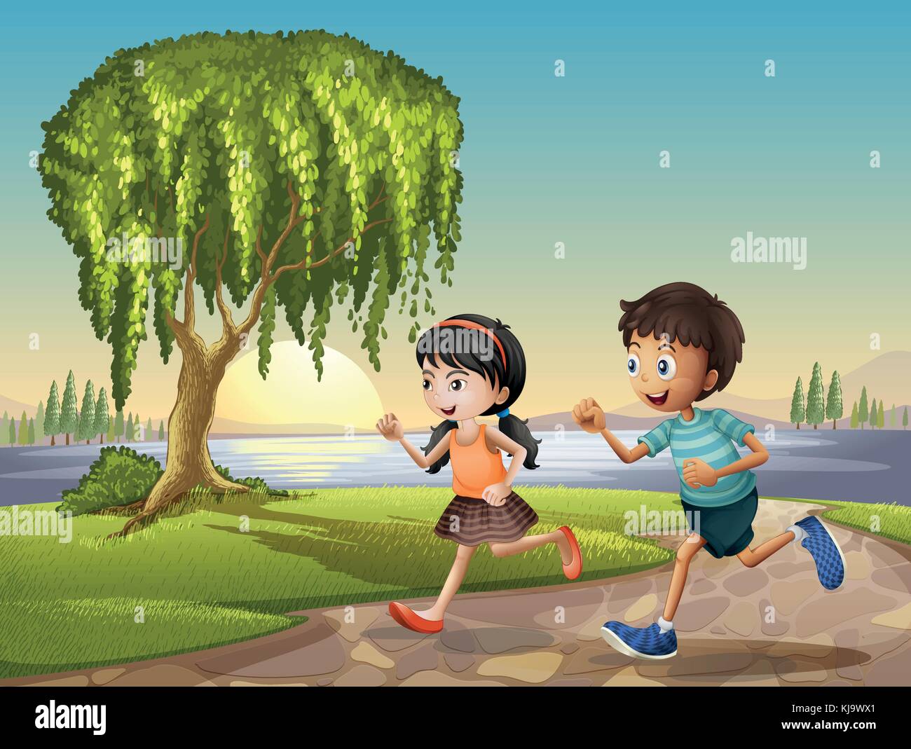 Illustration of the two kids running together Stock Vector Image & Art -  Alamy