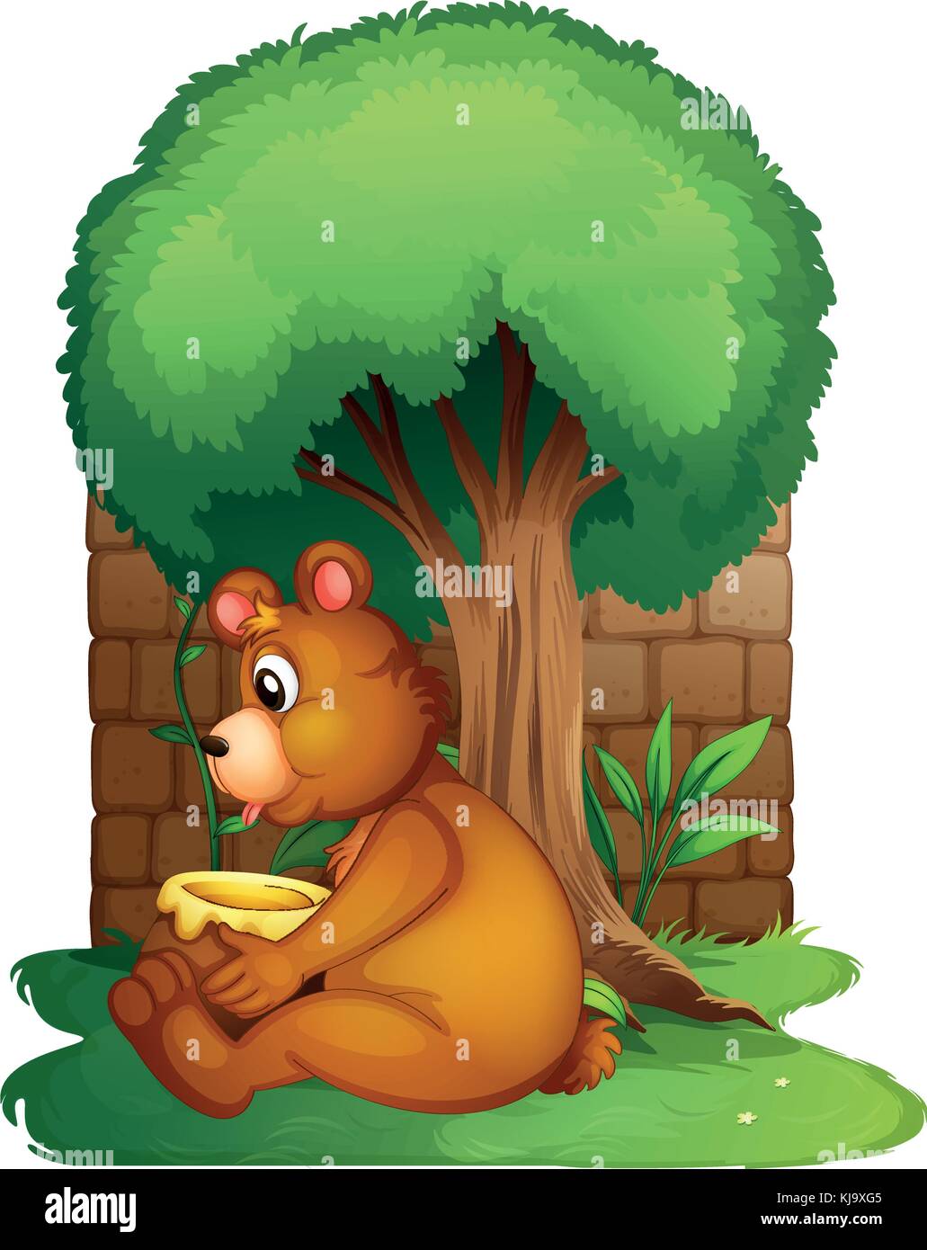 Illustration of a bear sitting under a big tree on a white background ...