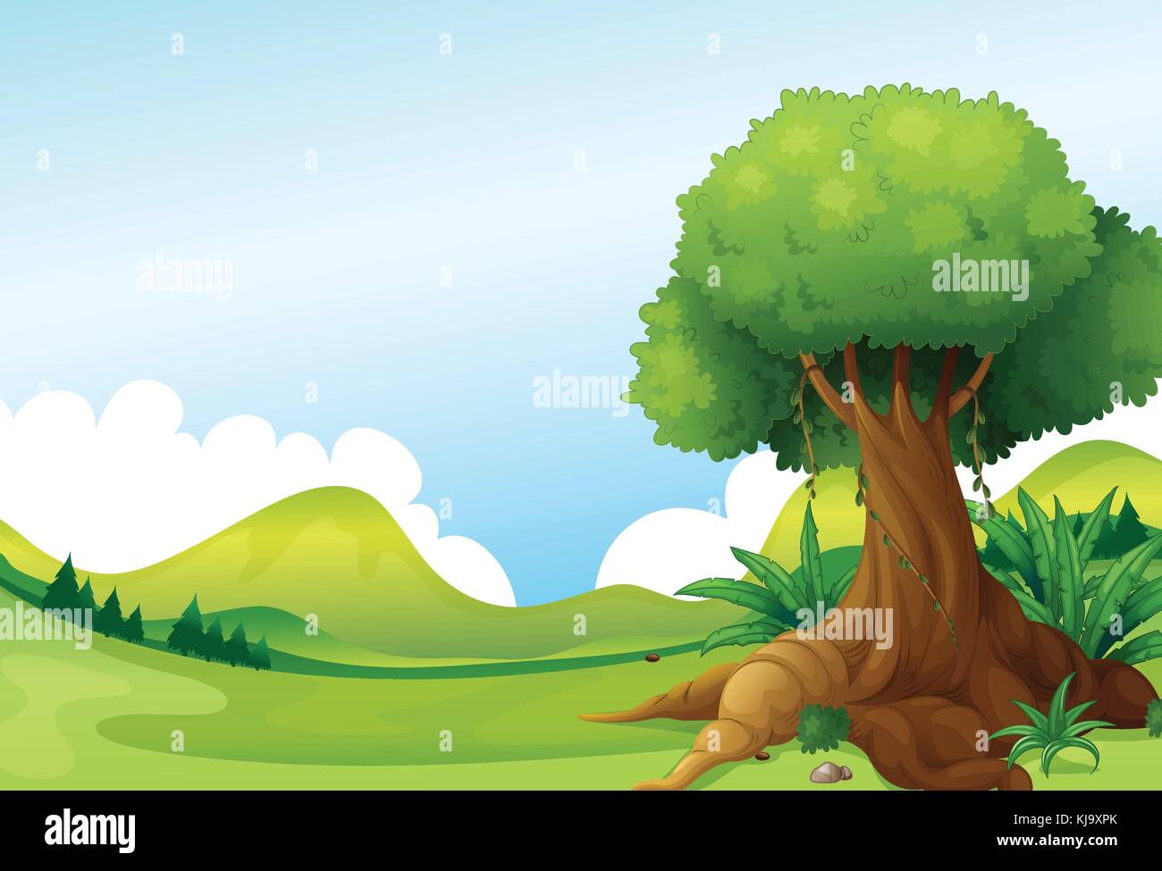 Illustration of a big tree with vine plants near the hills Stock Vector