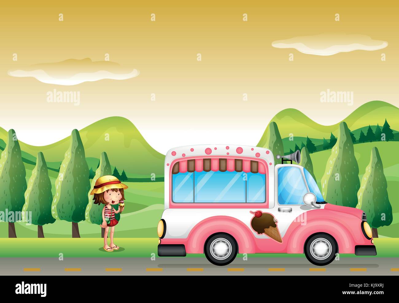 Illustration of a pink ice cream bus and the little girl Stock Vector