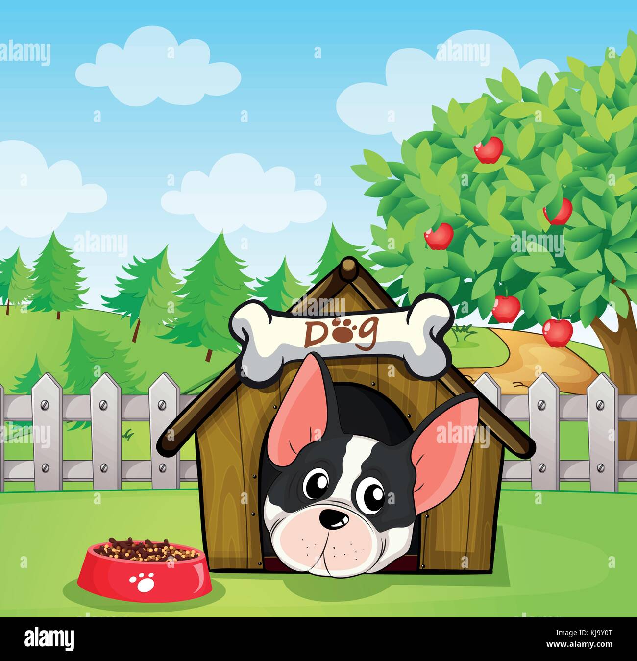 Illustration Of A Dog Inside A Dog House At A Backyard With An