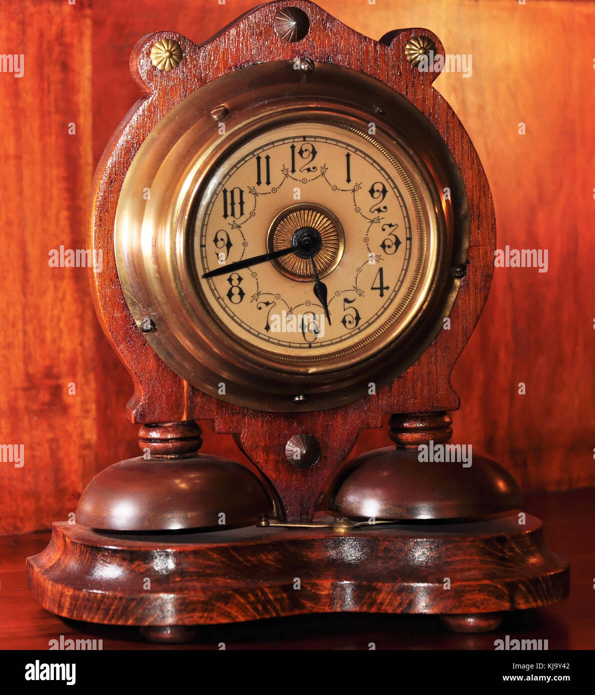 Antique wooden alarm clock Stock Photo Alamy