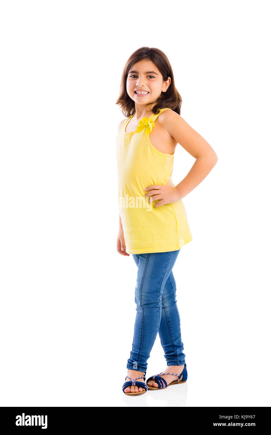 Studio portrait of a beautiful girl, isolated over white background ...