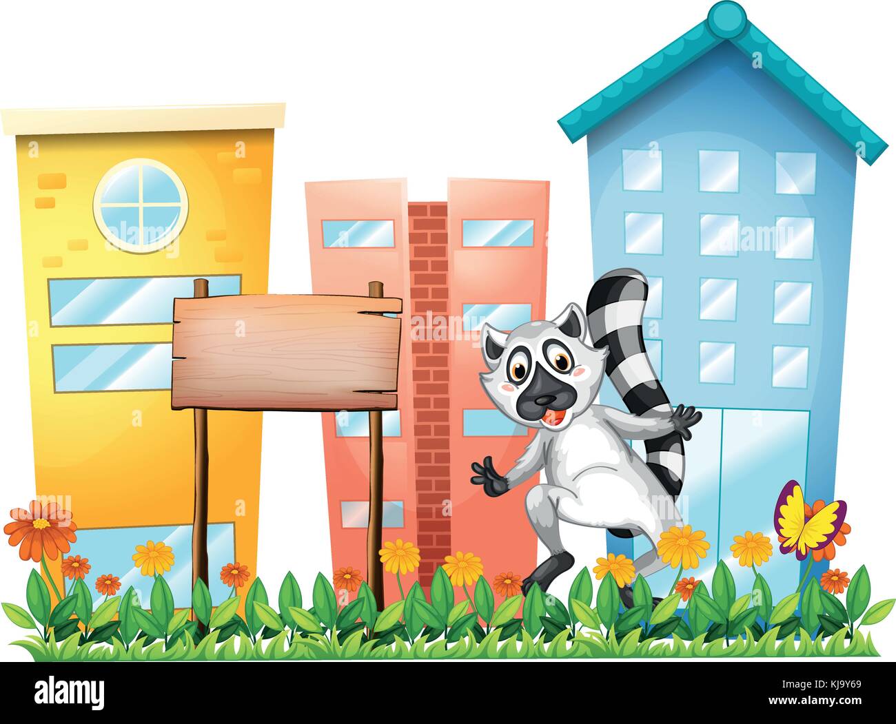 Illustration of a lemur beside an empty signage at the garden on a ...