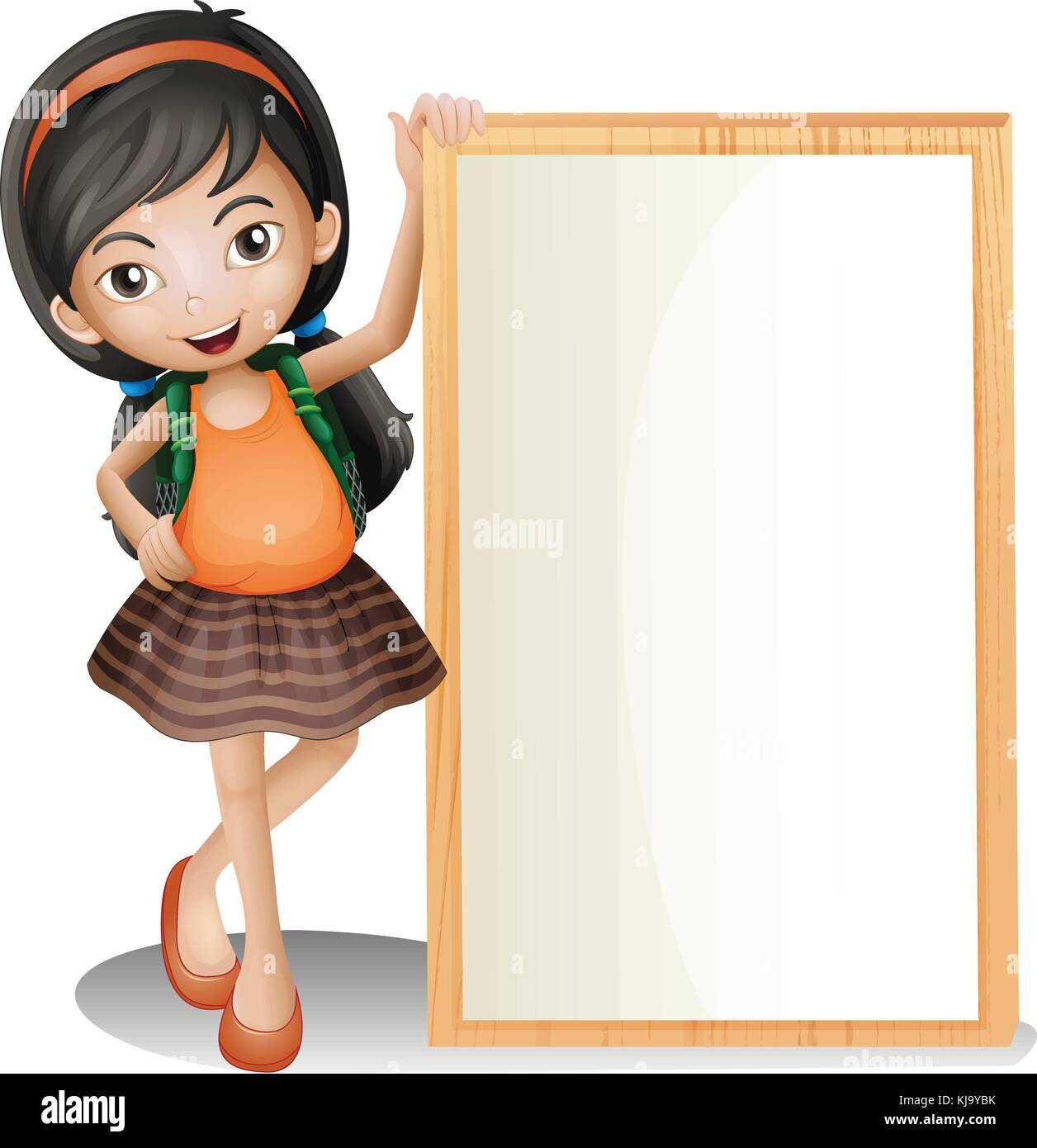 Illustration of a young lady beside an empty signboard on a white ...