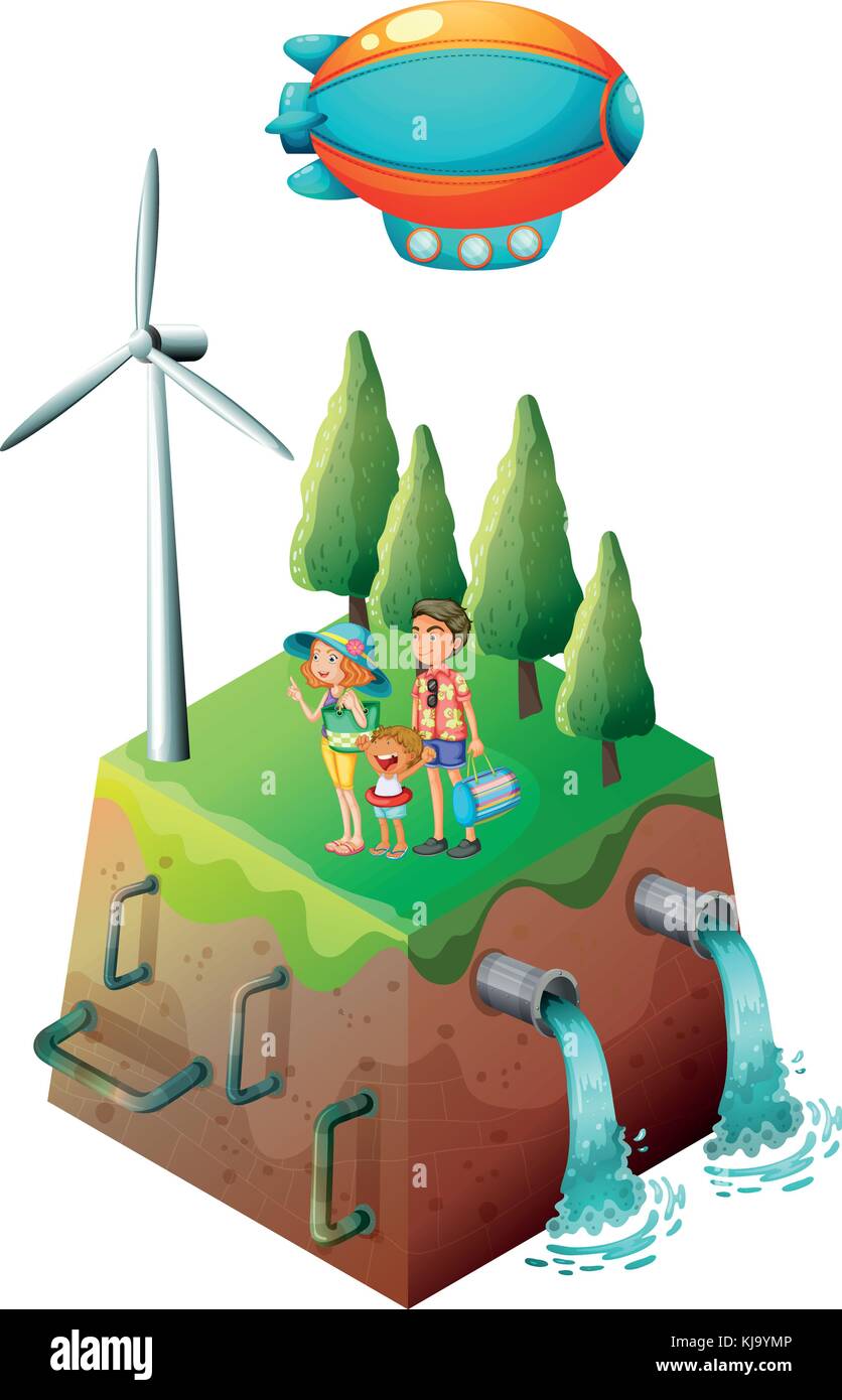 illustration of a family near a windmill on a white background KJ9YMP