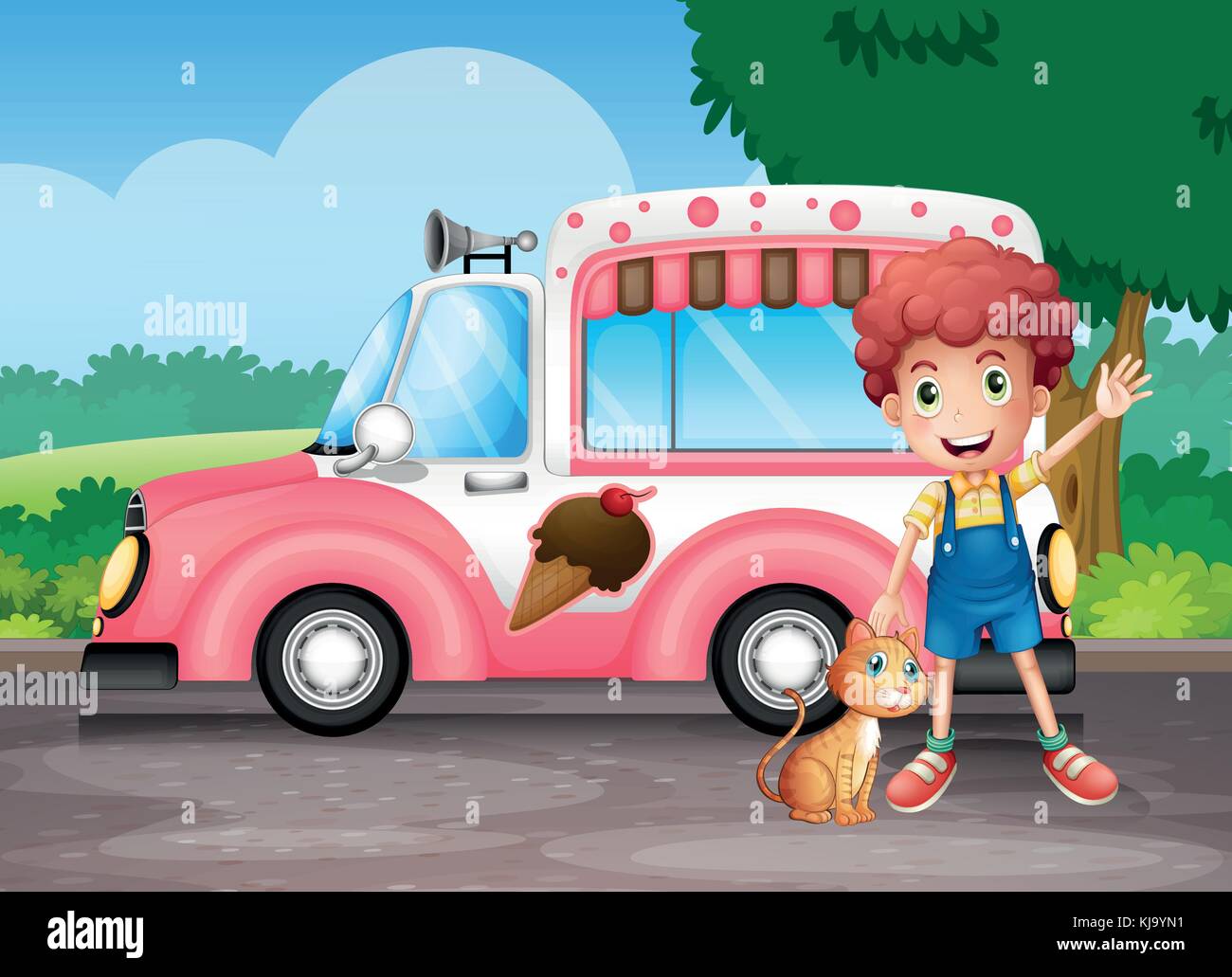 Illustration of a boy and his cat near a pink bus Stock Vector