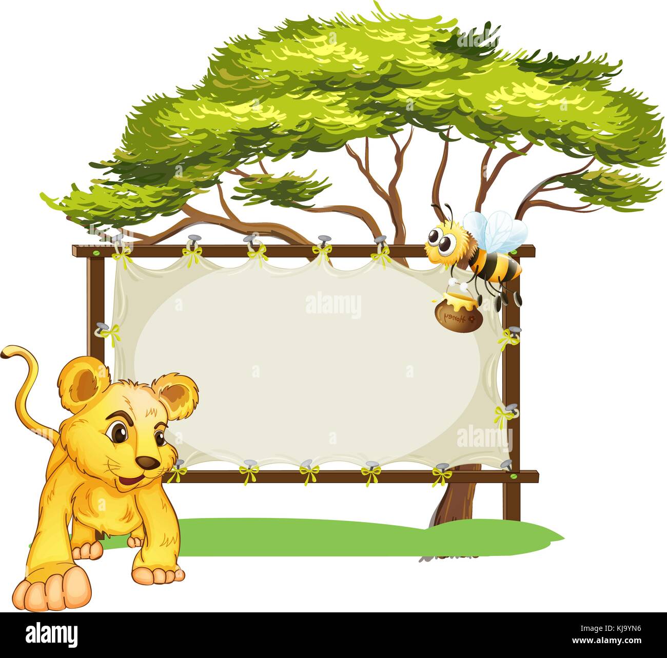 Illustration of a young tiger and a bee near an empty signage on a ...