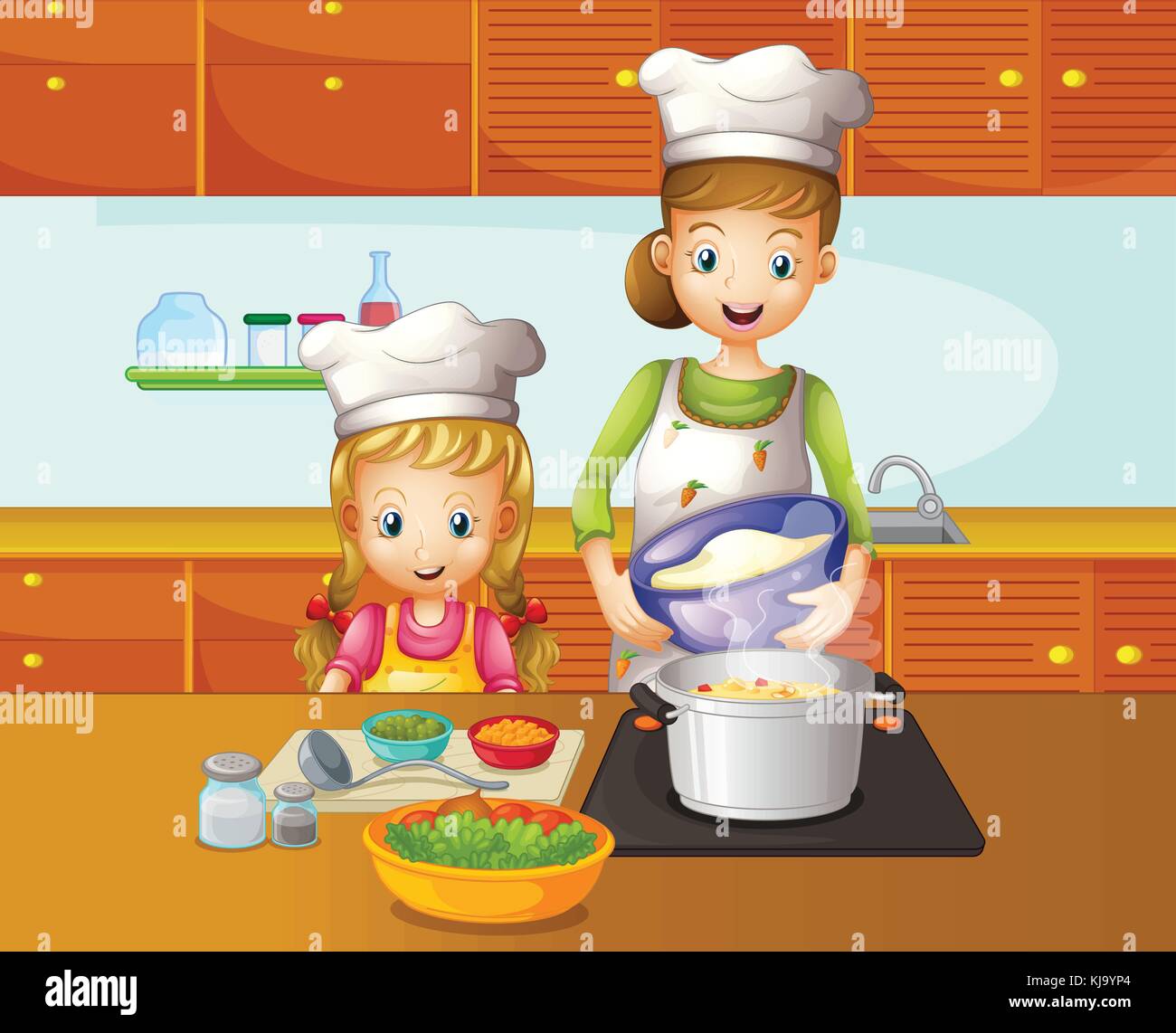 Illustration of a mother and daughter cooking Stock Vector Image & Art ...