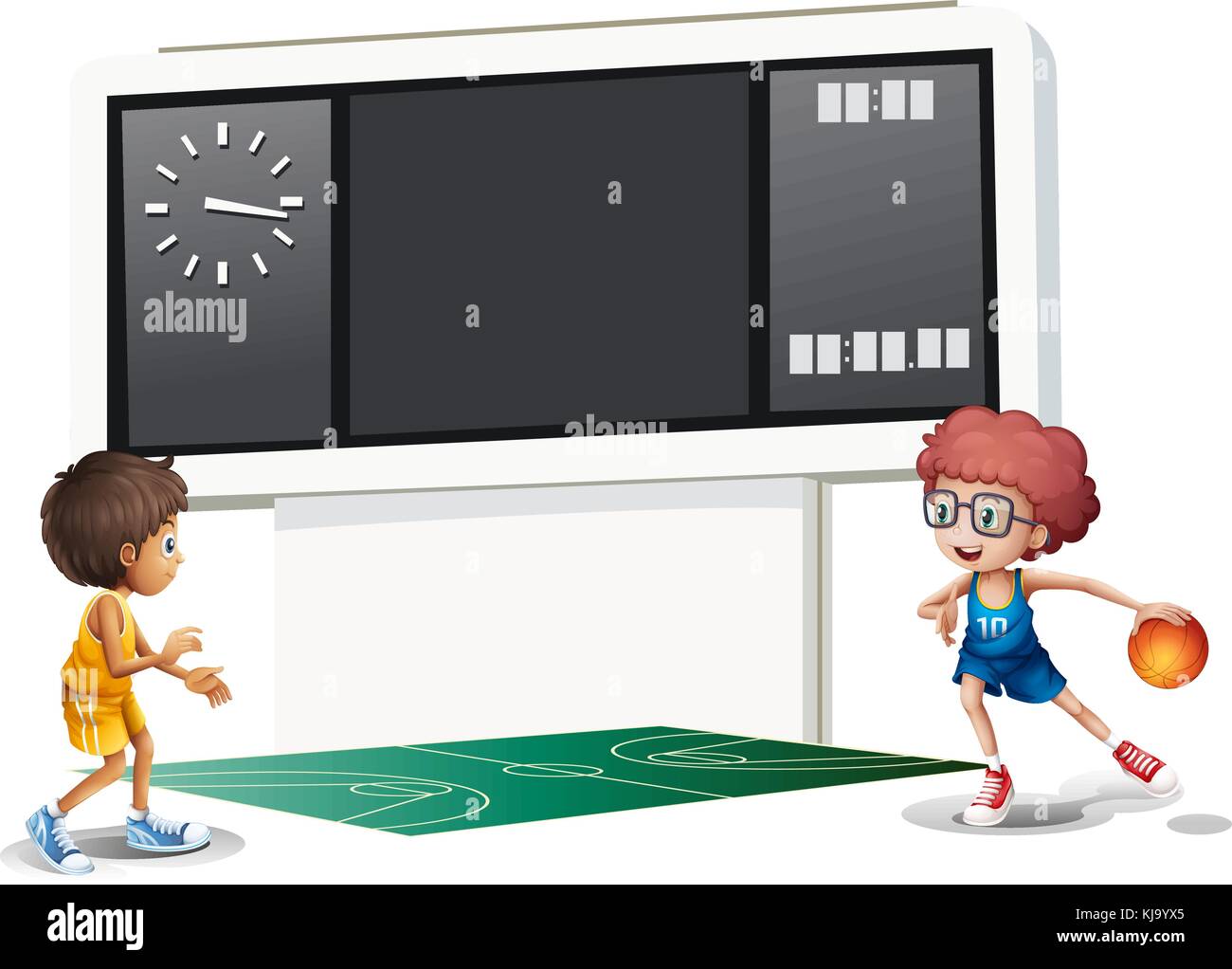 Illustration of the two boys playing basketball in a court with a scoreboard on a white background Stock Vector