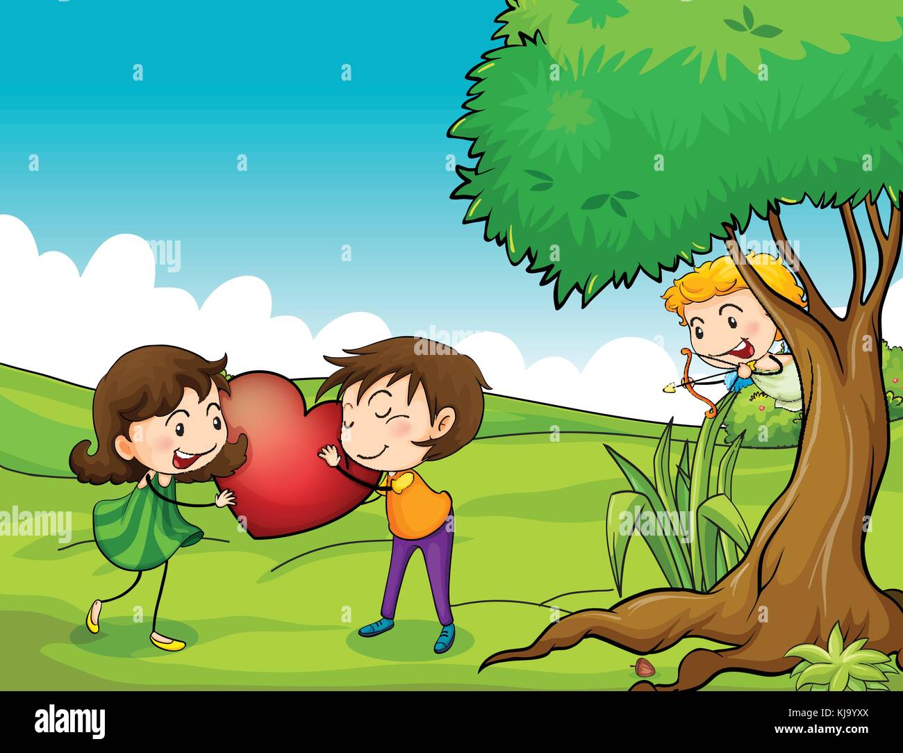 Illustration of a girl and a boy holding a red heart Stock Vector Image ...