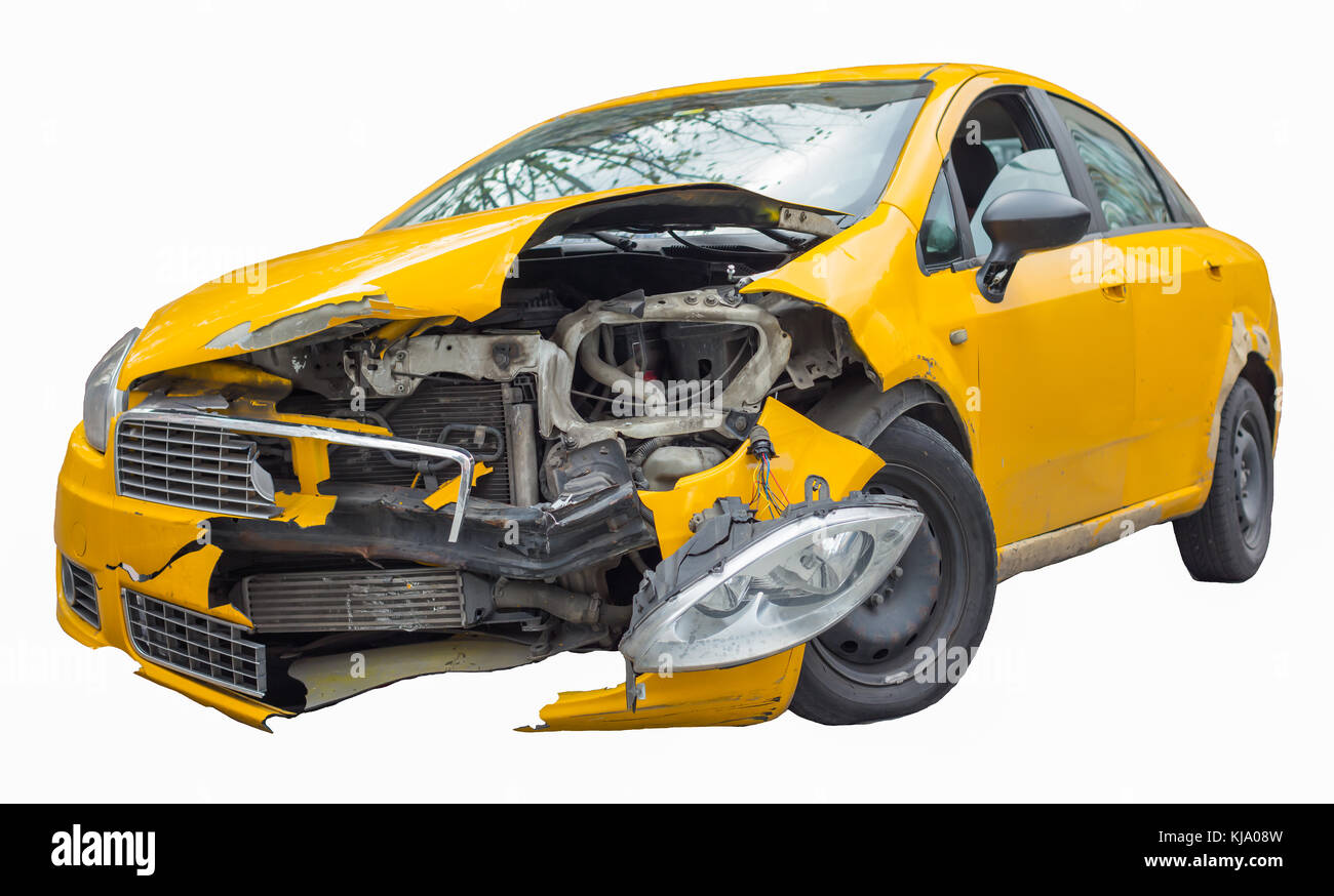 A yellow wrecked car isolated on white Stock Photo