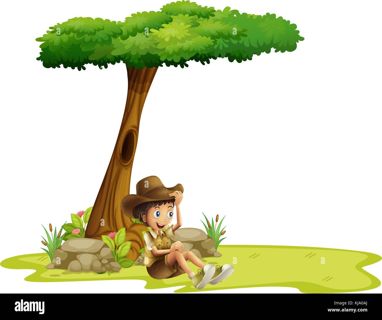 Illustration of a boy resting under a tree on a white background Stock