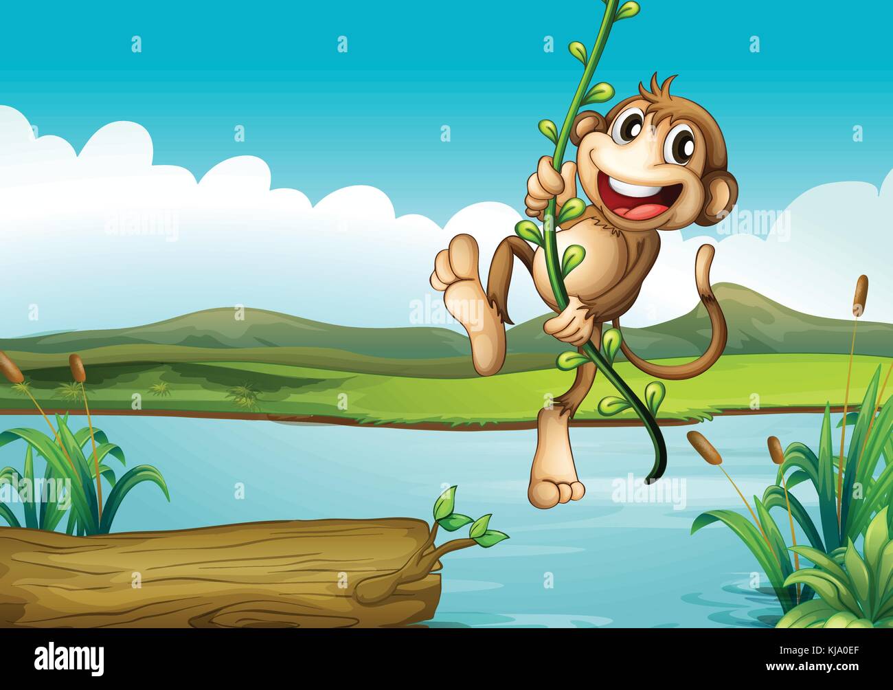 Illustration of a cheerful monkey playing with the vine plant Stock