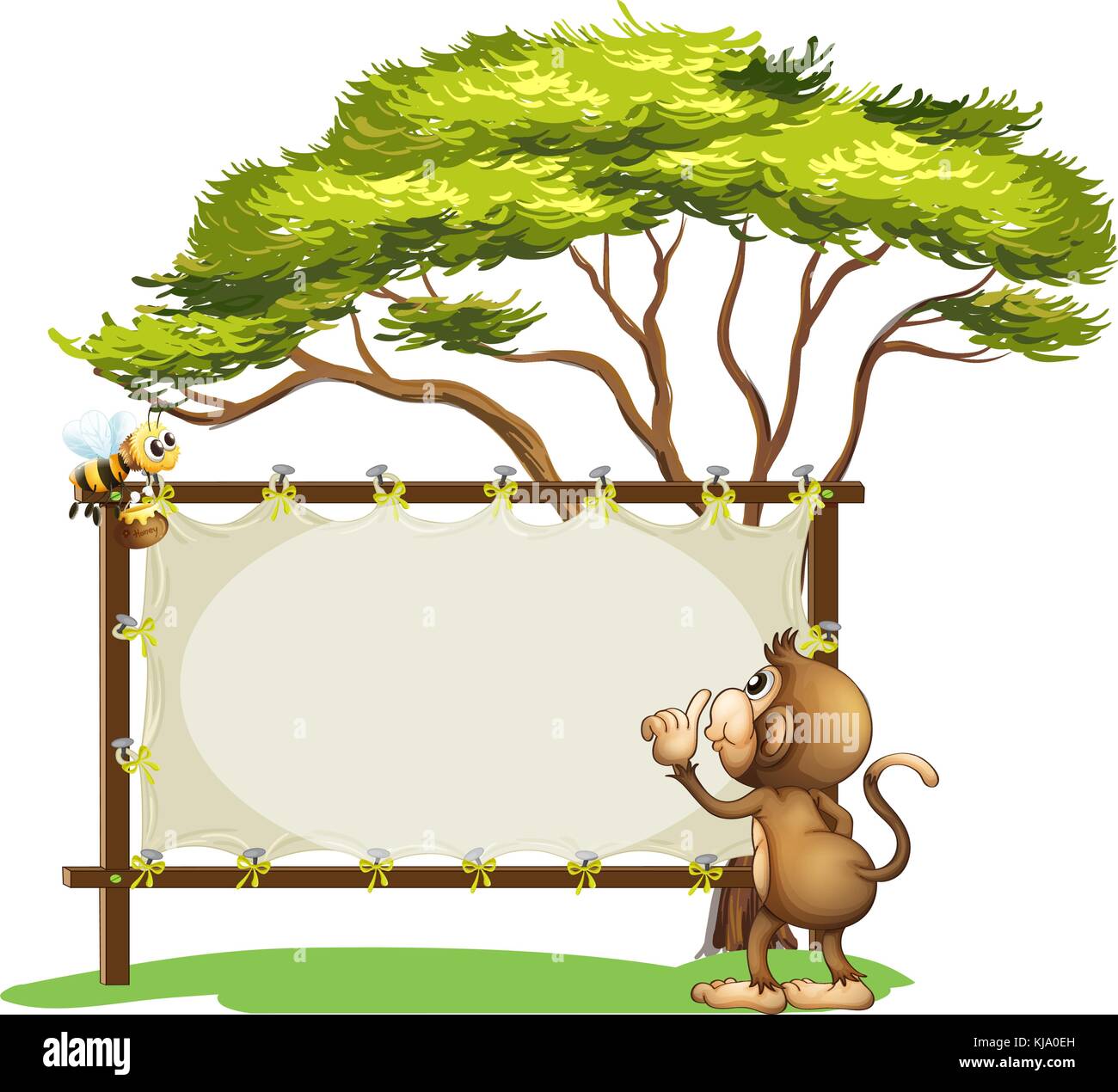 Illustration of an empty signage with a monkey and a bee on a white ...