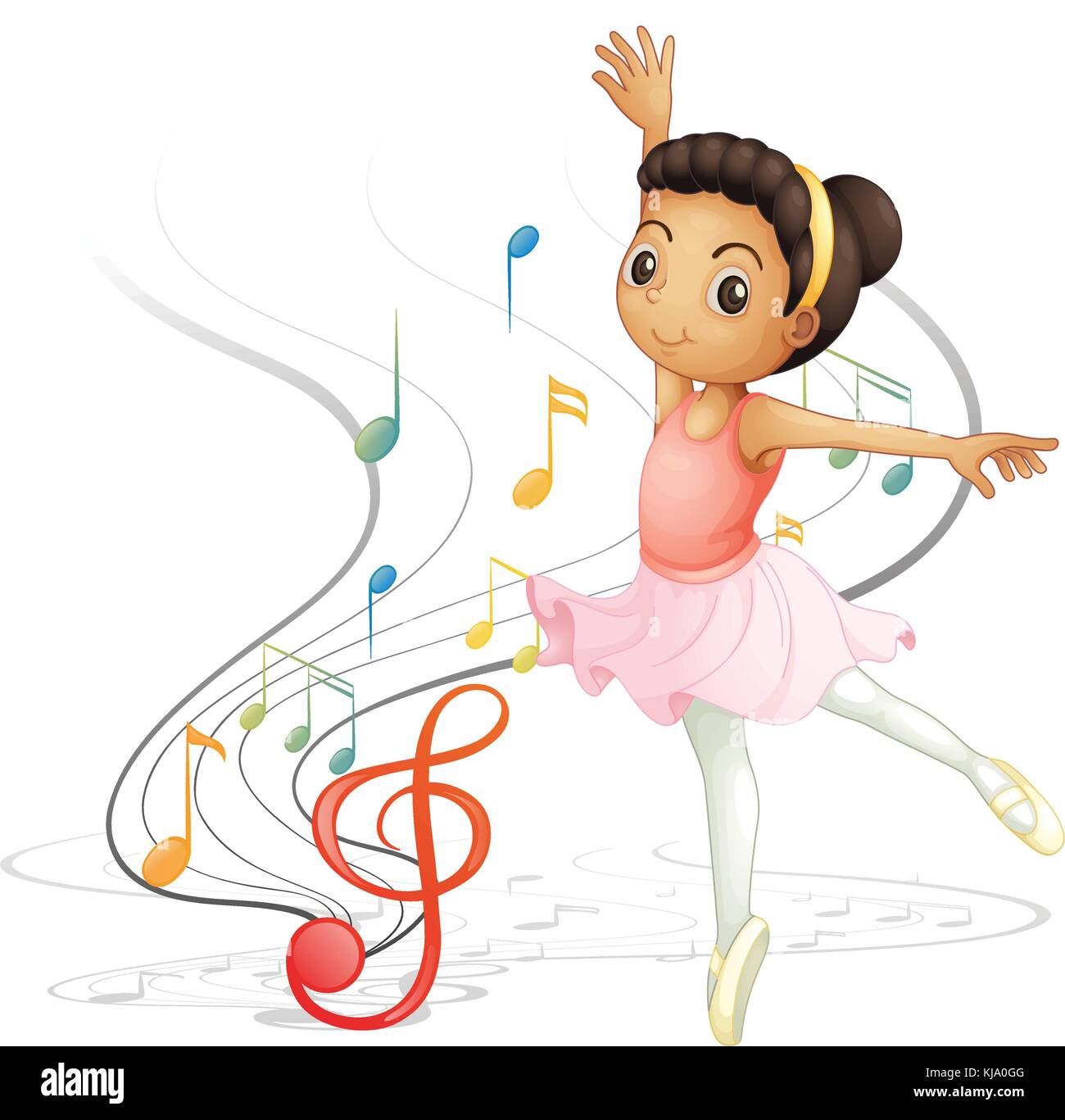 Illustration of a girl dancing with musical notes on a white background