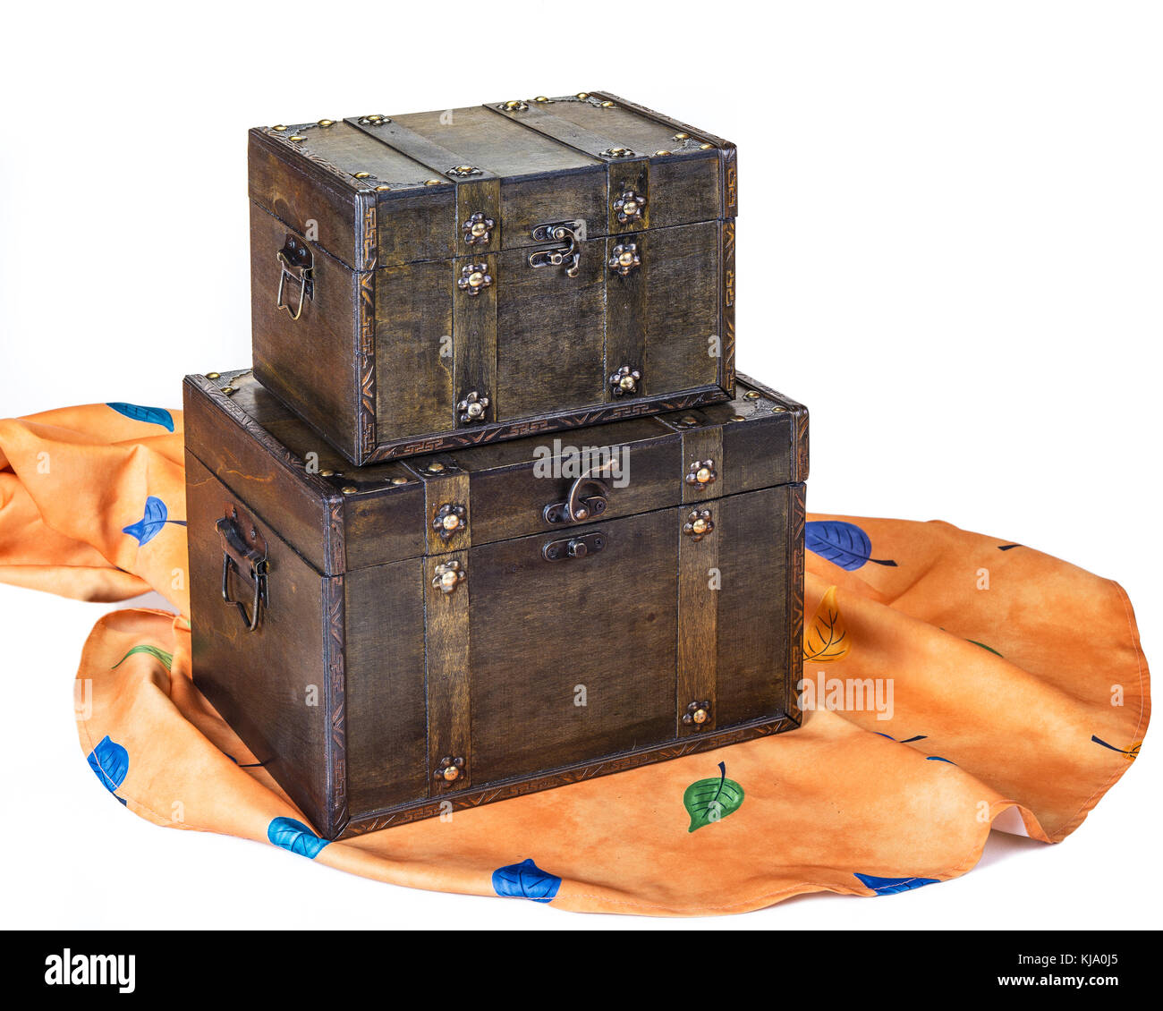 Retro Decorative Treasure Box from Wood. Trunk Chest on white