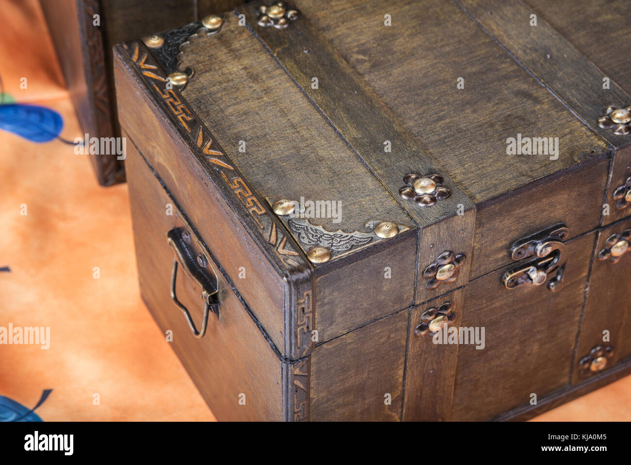 Retro Decorative Treasure Box from Wood. Trunk Chest on white